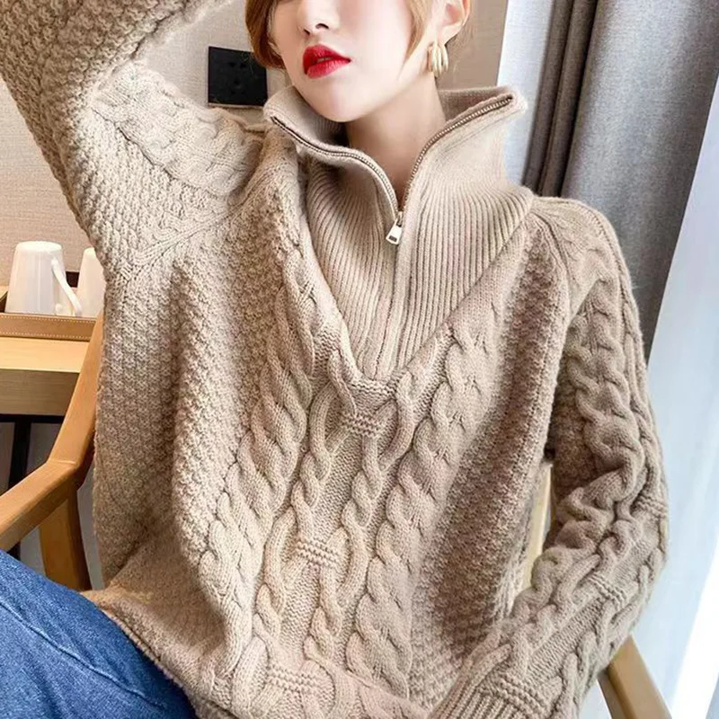 

Fashion Twist High Collar Sweater Women's 2026 Autumn Winter New Coat Korean Lazy Wind Pullover Zipper Knitwear Ladies Tops Tide