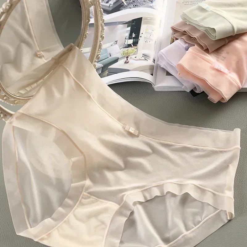 여성 얼음 실크 팬티 섹시한 투명 팬티 원활한 통기성 중간 상승 속옷 여름 컴포트 부드러운 속옷 여성