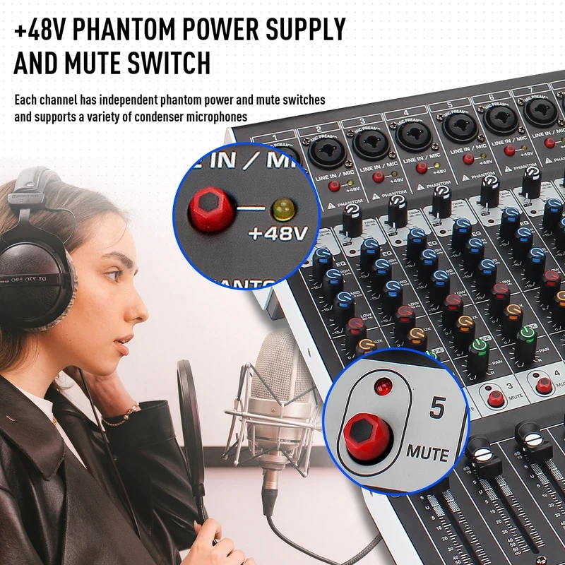 7-Channel Professional Audio Mixing Sound Board Console Features 99-Bit DSP USB MP3 for PC Recording XLR Mic Jack