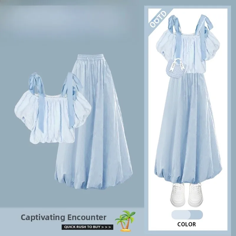 

Summer Casual Fashion Set Gentle Blossom Short Sleeve Slimming Skirt Two Piece Set Versatile Style Soft Fabric Button Closure
