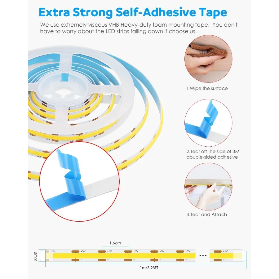 Aclorol USB Led Light Strip COB Led Strip Lights 5V Daylight Cold White 6000K 3.28FT 320Leds Flexible TV Led Lights USB Powered