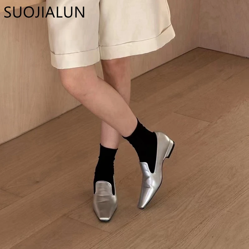 SUOJIALUN 2024 Spring New Brand Women Flat Shoes Fashion Square Toe Slip On Laofer Shoes Ladies Casual Outdoor Dress Single Shoe