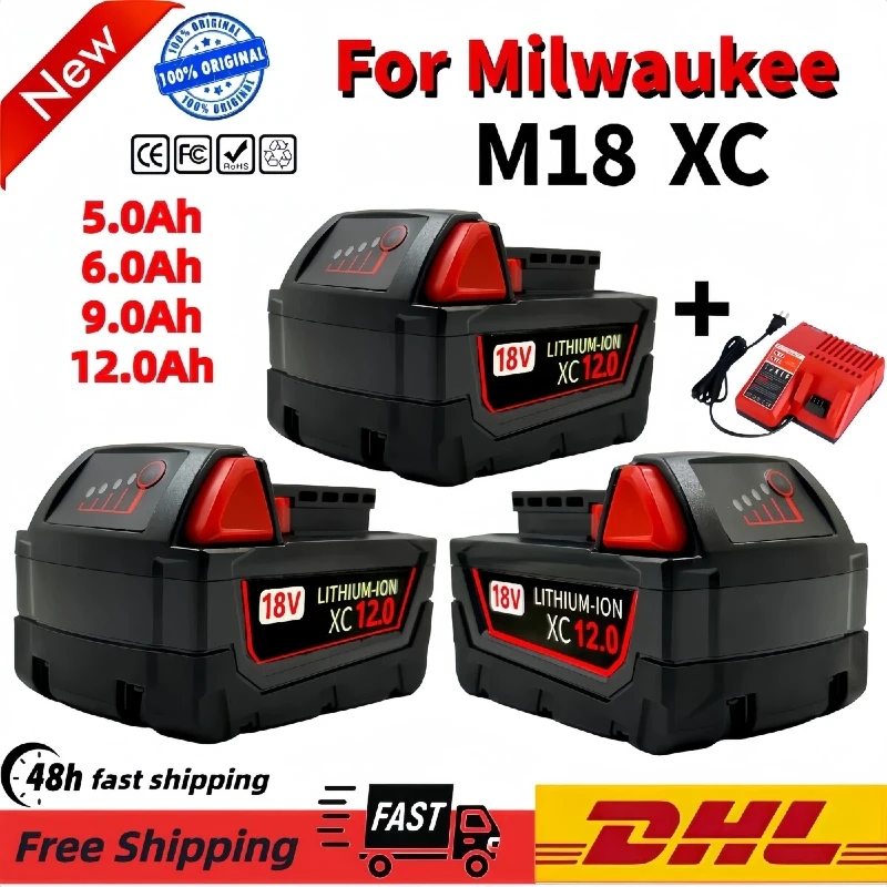 

18V For Milwaukee M18 Battery M18B6 XC 9.0 Ah Li-Ion 48-11-1860 48-11-1852 Or Charger 48-11-1850 48-11-1840 Cordless Power Tools