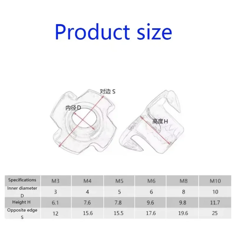 Carbon Steel Zinc Plated Four Claw T-Nut Captive Insert Nut M3-M10 For Wood Furniture Hardware