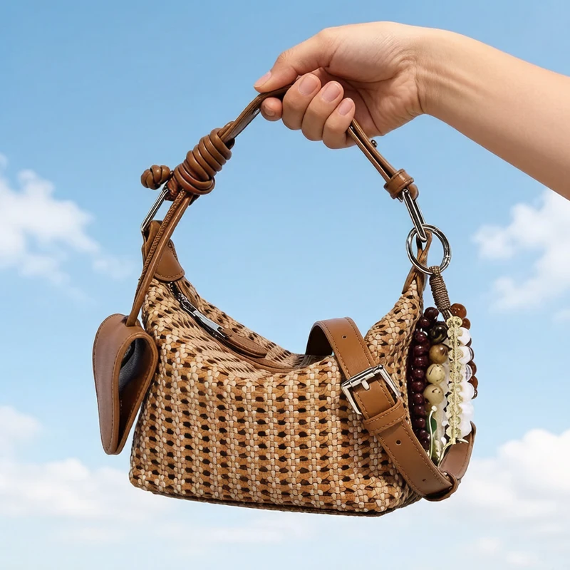 Bohemian Mini Hollow Hobos Bags For Women Luxury Designer Handbags Purses 2026 New In PU Woven Beaded Charms Top Handle Shoulder