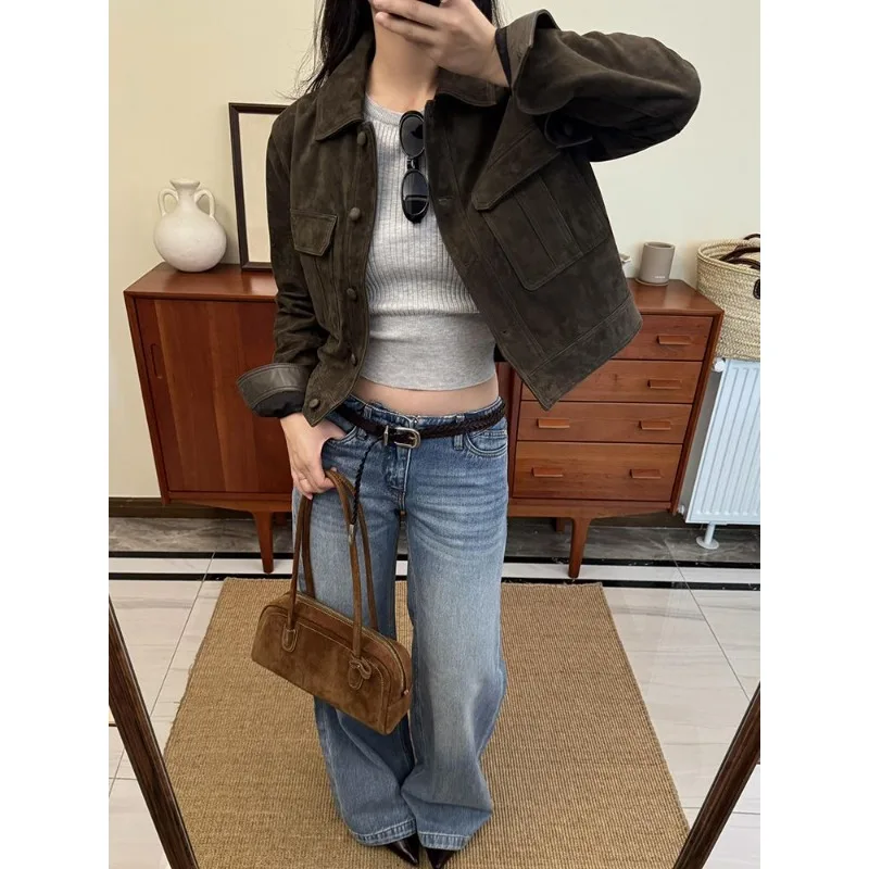 

Женская чрезвычайно популярная короткая миниатюрная куртка из искусственной кожи Американский крутой и стильный вид Новая замшевая куртка из искусственной кожи