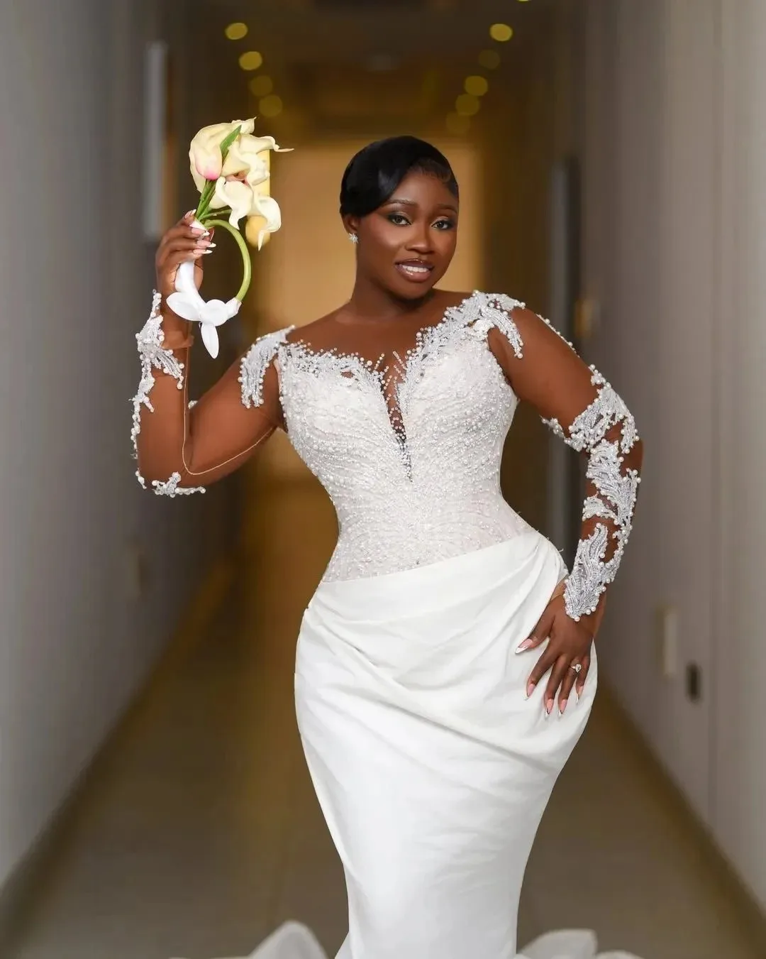 Customized 2026 Latest White Mermaid Wedding Dress Long Sleeved V-Neck Lace Bead Embroidery Decoration Bridal Gown
