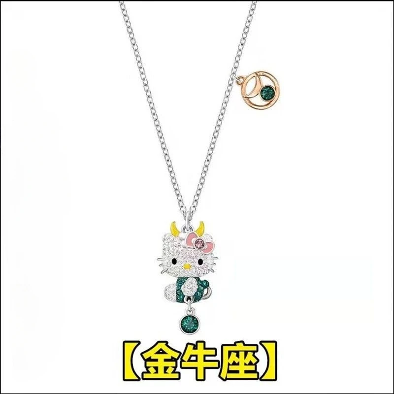 Hello Kitty Necklace Anime Character Pink Peach Heart Crystal Cat The Zodiac Necklace Pendant Couple Decor Girl Birthday Gift