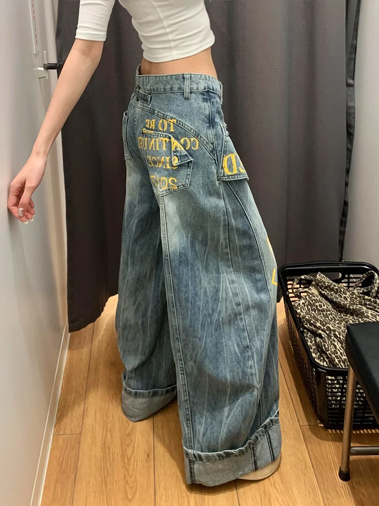 

American Style High Waist Wide Leg Jeans Women's High Street Match Patchwork Fake Two-Piece Denim Pants Letter Print