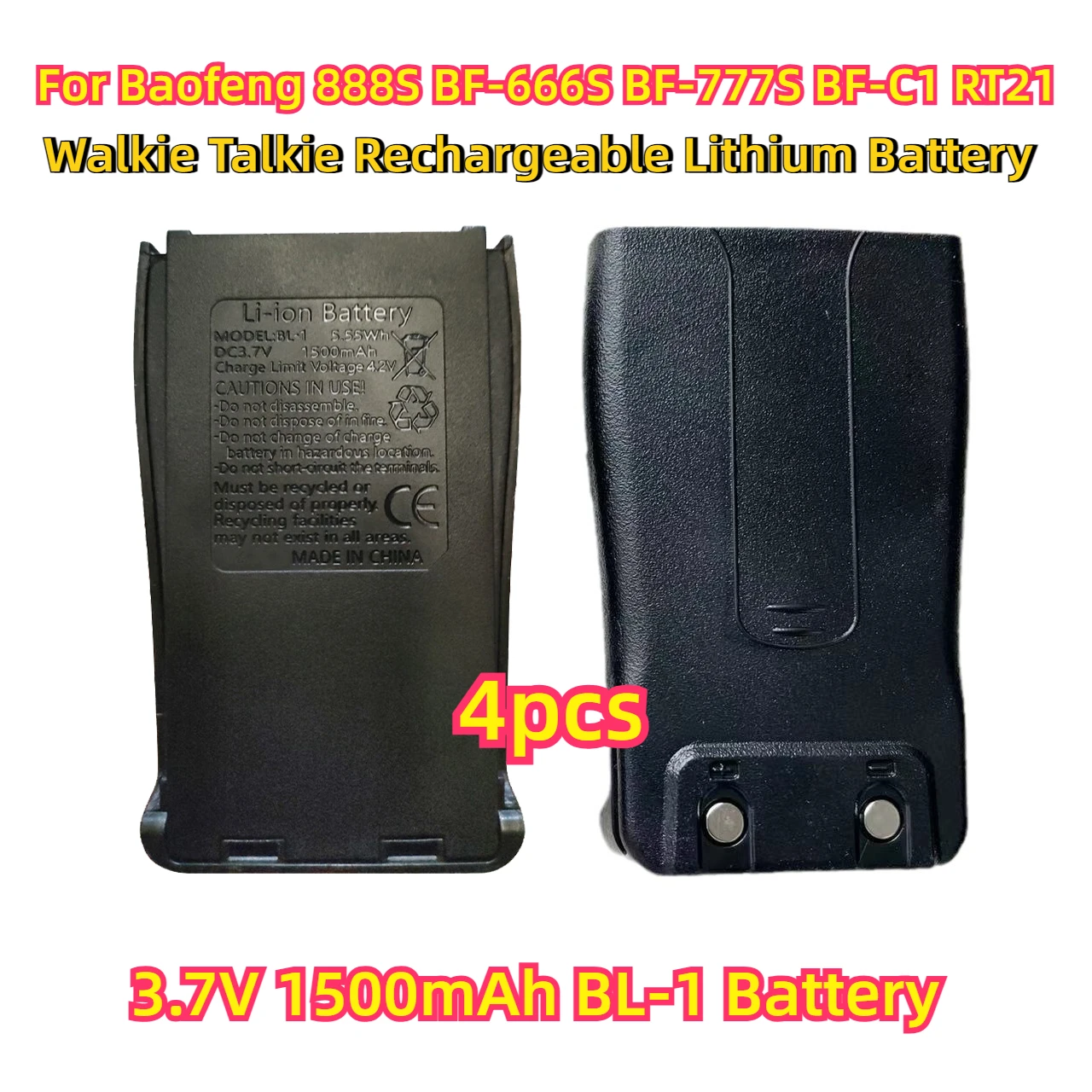 

4 Pcs For Baofeng 888S BF-666S BF-777S BF-C1 RT21 Walkie Talkie Rechargeable Lithium Battery 3.7V 1500mAh BL-1 Battery