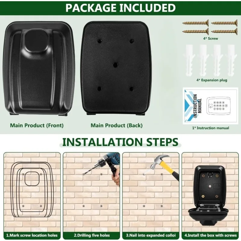 2024 New Combination Key Lock Box Wall Mounted Safe Outdoor Waterproof Rustproof Key Security Locker 4 Digit Combination