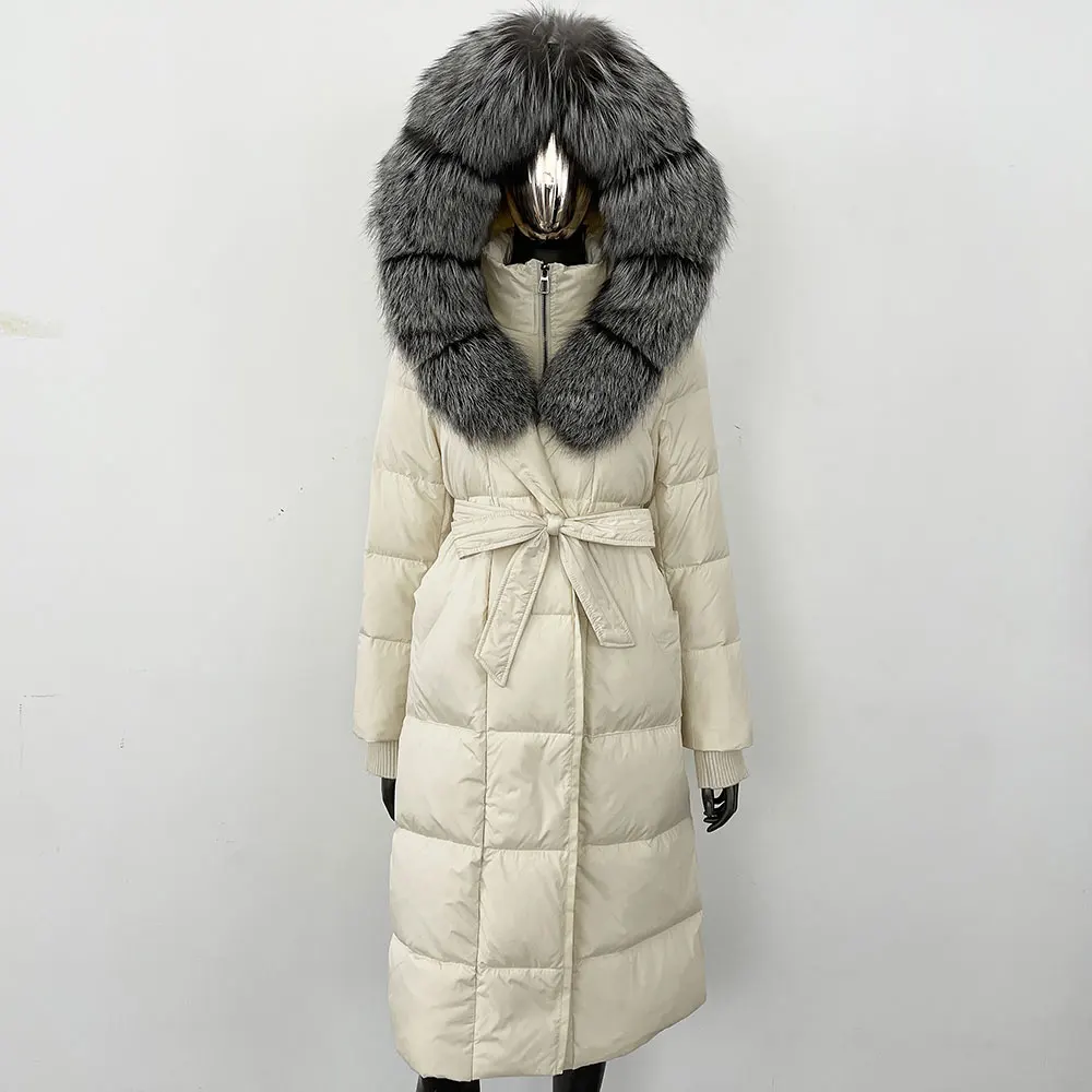 Giacca in pelliccia naturale da donna Parka 2024 inverno di lusso collo in vera pelliccia di volpe piumino d'oca bianca cappotto impermeabile allentato caldo spesso