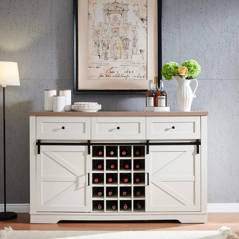 

Sliding Barn Door Wine Cabinet, Antique White, Kitchen Coffee Bar with Storage Shelves & 3 Drawers for Dining Area