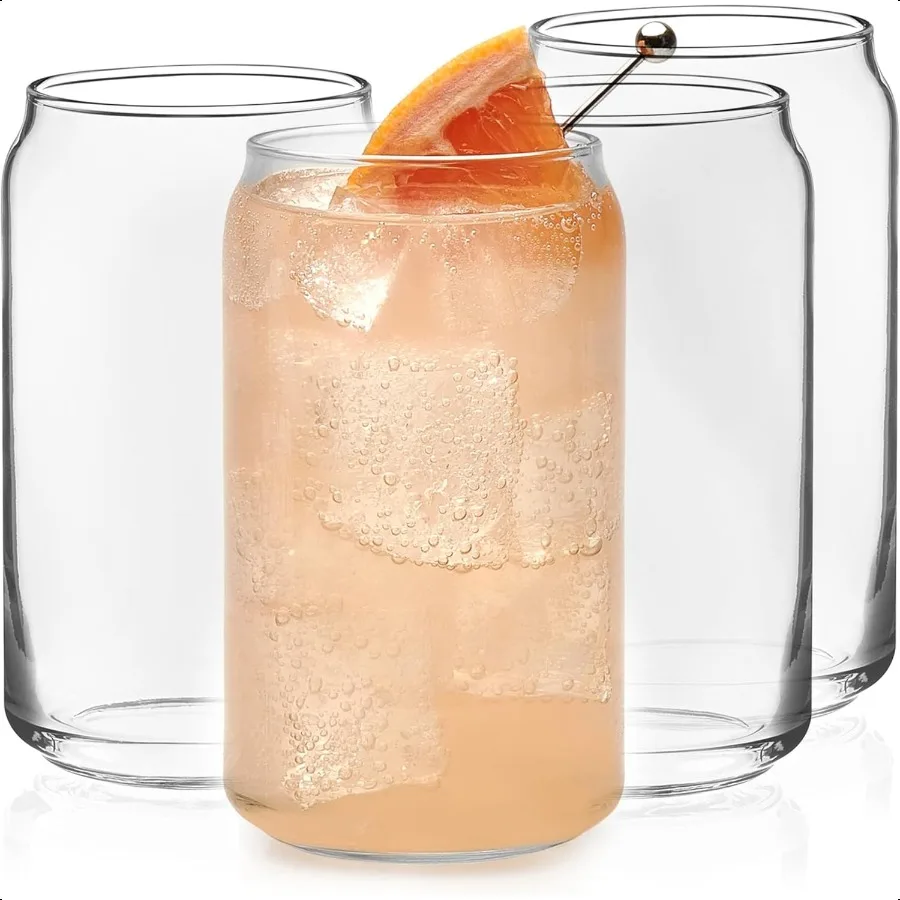 

Classic Can Tumbler Glasses Set of 4 Clear Kitchen Glassware Sets for Beverages and Cocktails LeadFree Cute Drinking Glasses 16