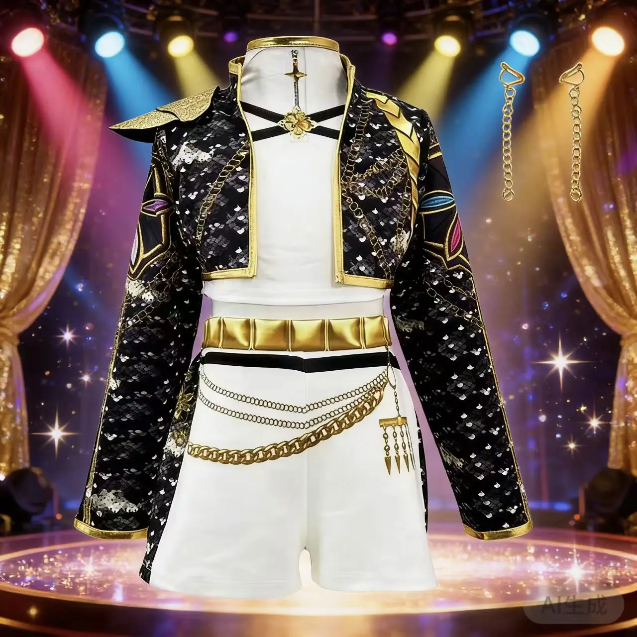 

Girls 3-12year Halloween Carnival Idol Roleplay Suit K-fashion White shorts + white top + black print jacket three-piece set