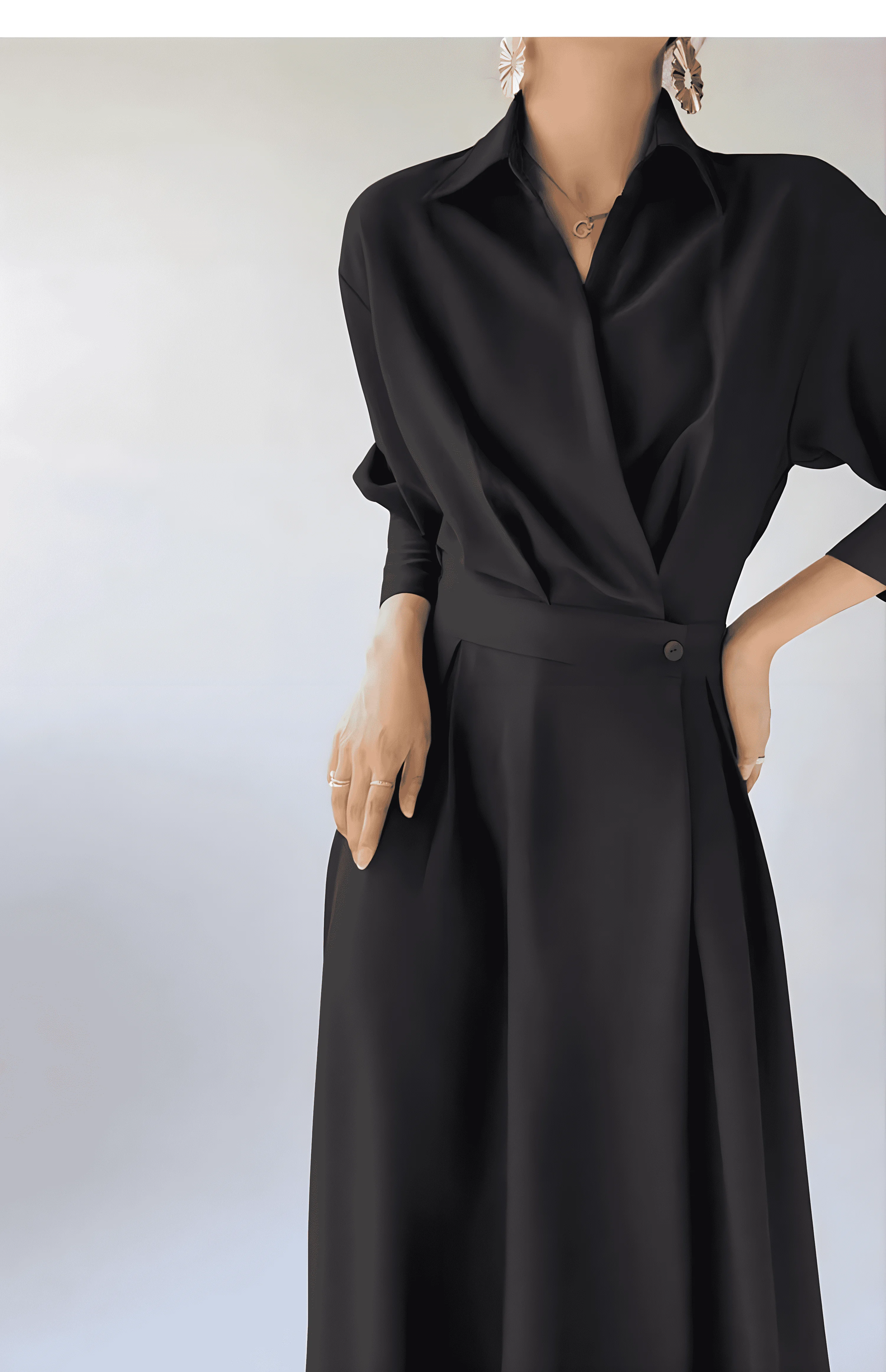 Spring and autumn women\'s long-sleeved lapel shirt dress, stylish elegant simple commuter Korean long skirt