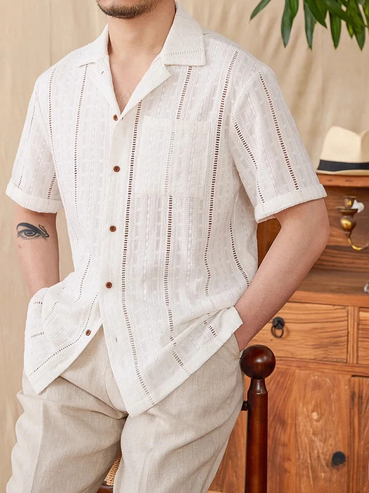 

Men's Fashionable Casual Short Sleeve Shirt Hollow out Design Breathable Summer New Arrival Polyester Fiber Standard Fit