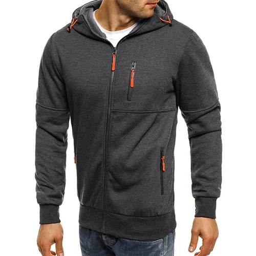 Imagen 2 del producto Chaqueta con capucha de color sólido para hombre Sudadera con capucha informal de manga larga con cremallera Sudadera deportiva para gimnasio Primavera Otoño