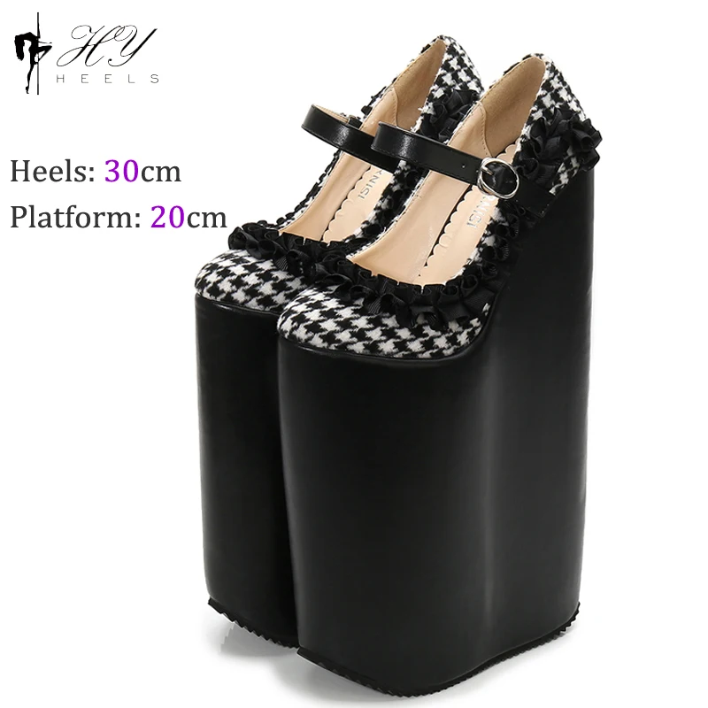 Super High Heels 30 cm Thin Heels Fetish Women Fashion Platform Round Toe Lace-Up Female Pumps Branded Shoes Highest Heels