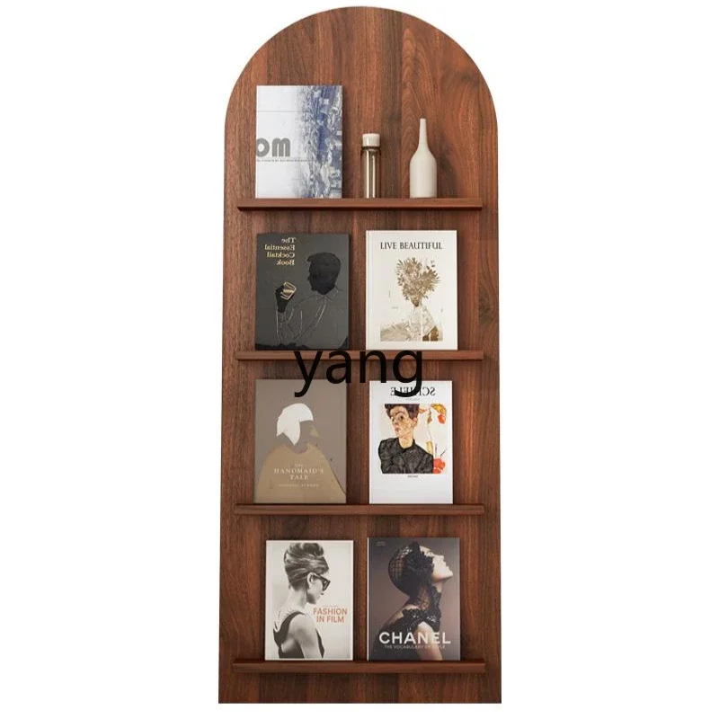 LH magazine display stand against the wall, retro black walnut arched multi-layer storage floor-to-ceiling promotional stand