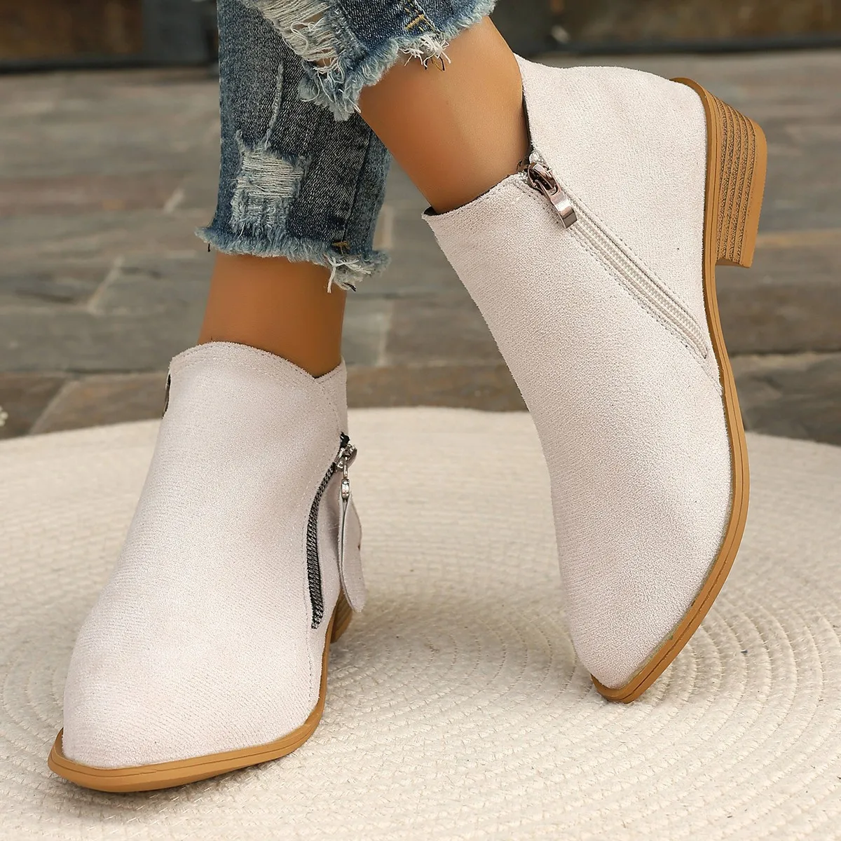 Women Booties 2024 Autumn Suede Boots Women Fashion Platform Square Heel Boots Side Zipper Heeled Pointed Toe Large Size Boots