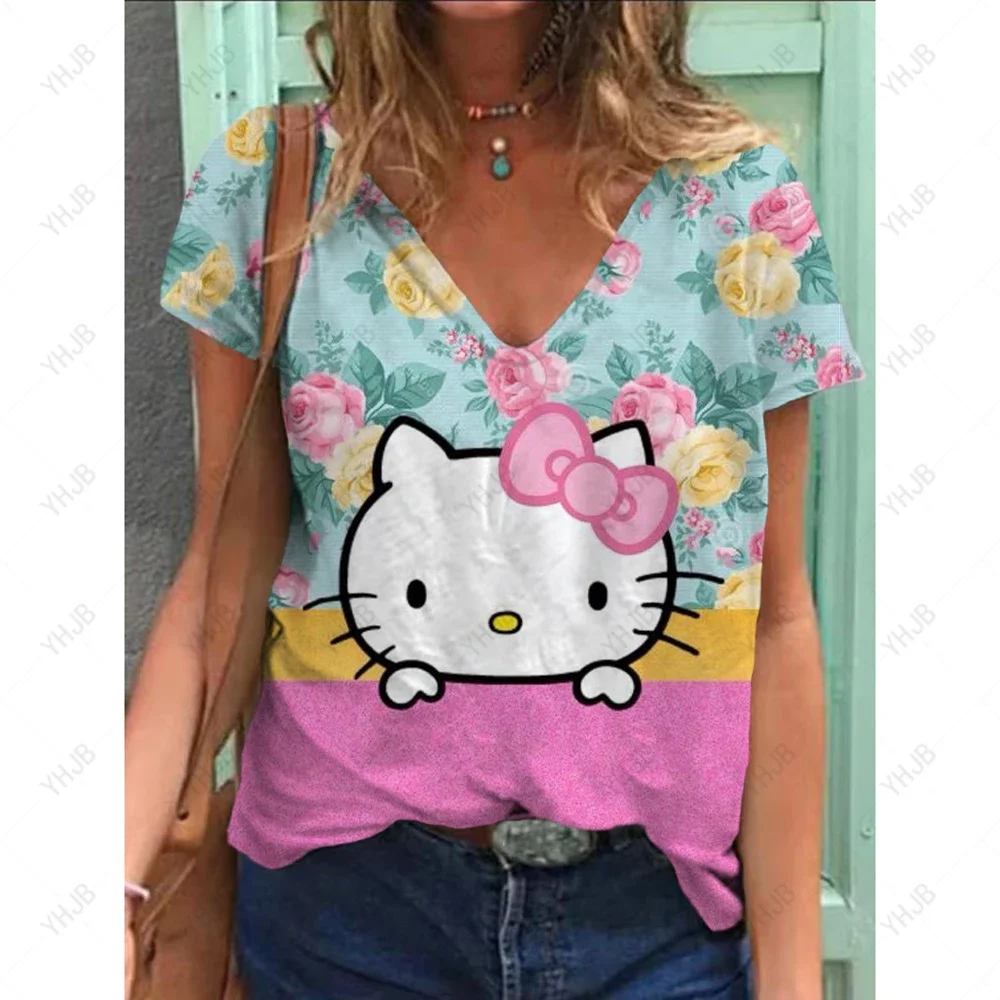 2025 New Sanrio Cute Hello Kitty Fun 3D Printed T-shirt Casual Short Sleeve Comfortable Loose Women's T-Shirt Summer