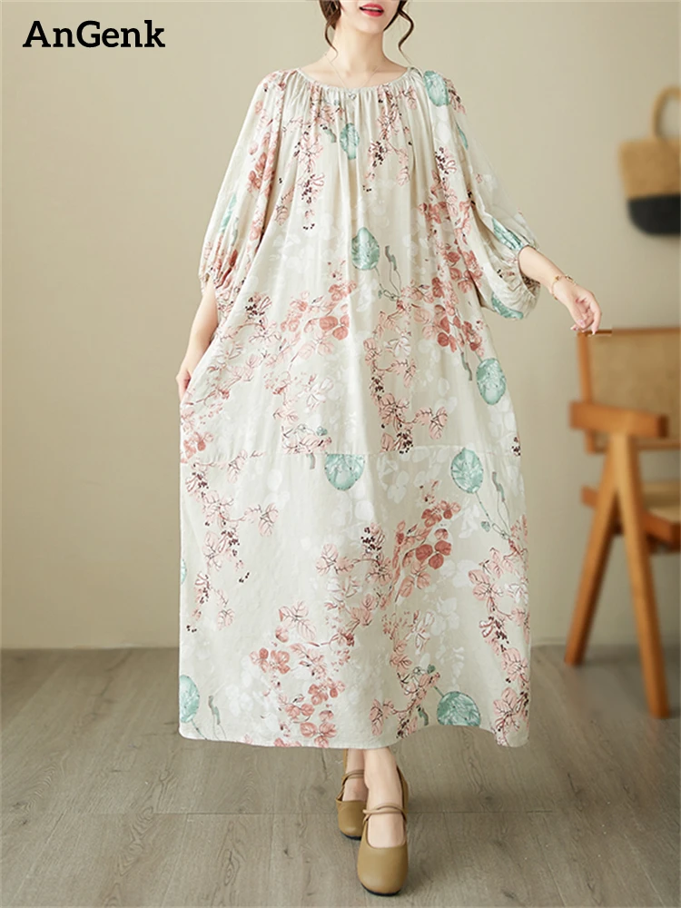 

Oversize Cotton Print Vintage Summer Dresses Women 2023 Casual Loose Long Holiday Dress Femme Robe Office Lady Elegant Clothing