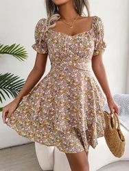 Women's Vintage Casual A Line Swing Dress, Elegant Floral Party Dress, Short Sleeve, Square Neck, Elegant Clothes, Summer