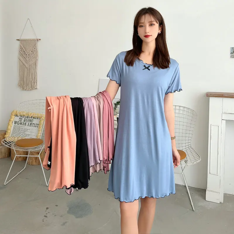 Modal Loose Dress short sleeves Summer Bowknot sleepdress Plus size solid color Women\'s dresses homewear