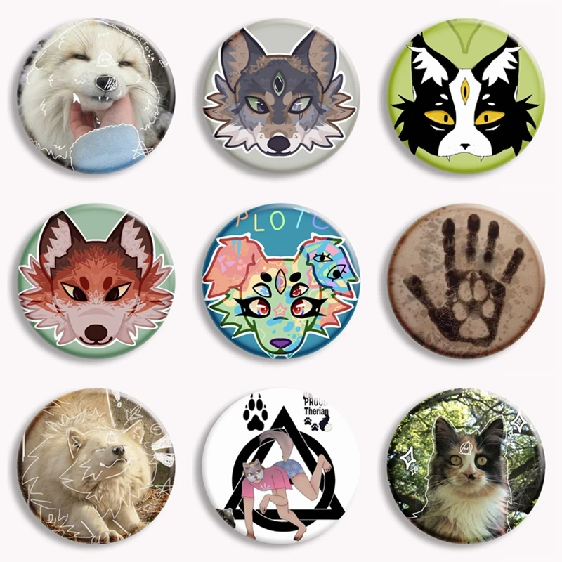 Cartoon Cat Therian Symbol Button Pin Cute Wolf Fox Theta-Delta Sign Aesthetic Brooch Badge Bag Decorate Jewelry Friends Gift