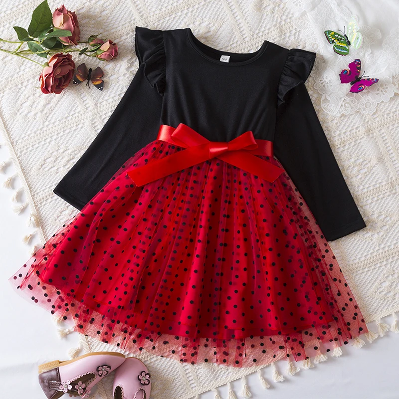 Kids Girls Dress New Sequin Birthday Princess Dress Bow Long Sleeve Mesh Casual Dress Red Christmas Children Autumn Clothes 3-8Y