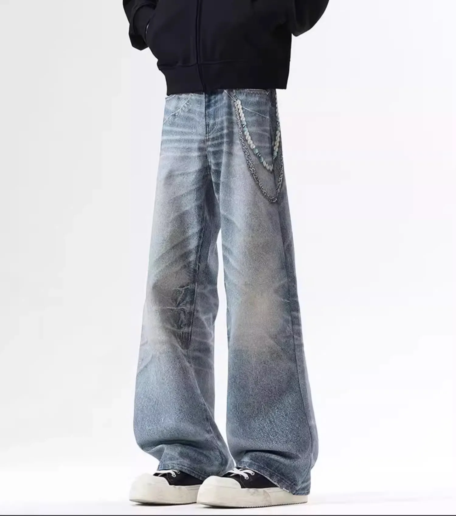 กางเกงยีนส์วินเทจทรงแบ็กกี้สไตล์อเมริกันวินเทจ พิมพ์ลายดิจิตอล 3 มิติ พร้อมจี้โซ่ สำหรับสาวสไตล์โชโจ วัยผู้ใหญ่ กางเกงยีนส์เอวสูงสำหรับผู้หญิง