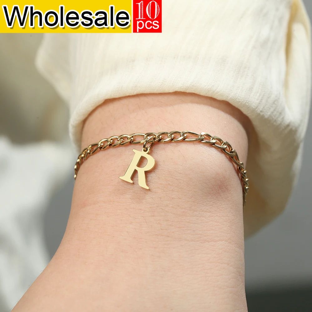 10PCS Minimalist style stainless steel women's  bracelet with 26 letters cut smooth pendant summer fashion jewelry birthday gift