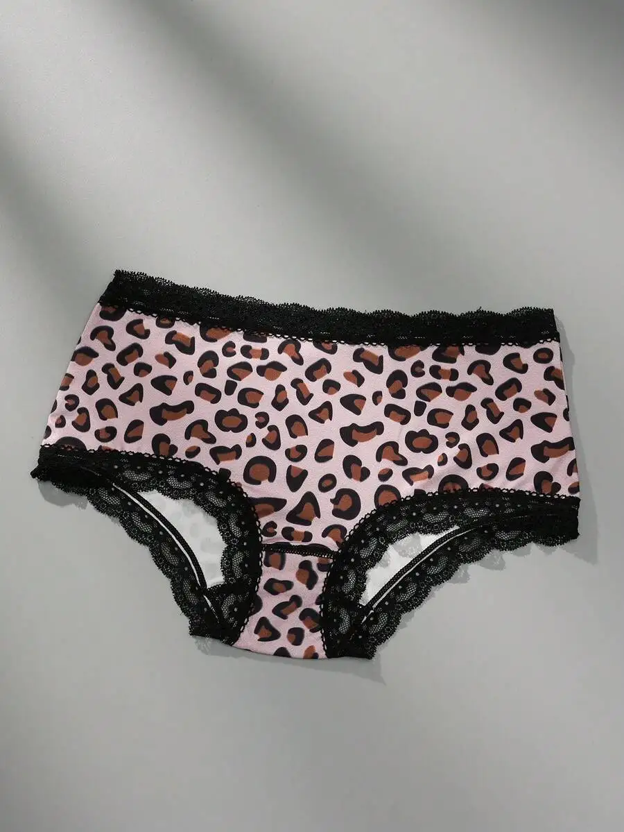 

Leopard Print Lace Trim Women Briefs Soft Breathable Underwear