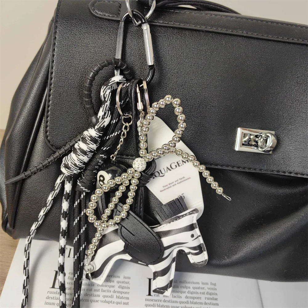 Miu Style Woven Bag Pendant Charms Zebra Leather Pendant Silver Pearl Bow Keychain Handbags Charms Accessories Decoration