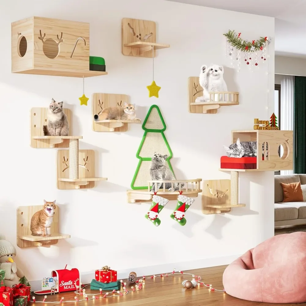 

Cat Wall Shelves And Perches For Wall, Christmas Pine Wooden Wall Mounted Cat Furniture, Set Of 16 Cat Climbing Shelves||