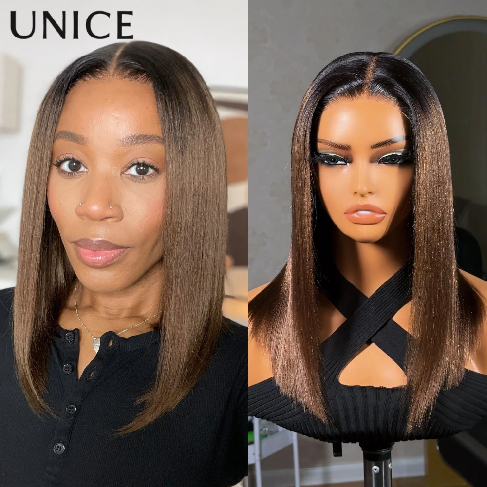 

UNice Chestnut Brown Ombre Yaki Straight Bob Wig 7x5 & 13x4 Lace Pre Cut Pre Bleached Glueless Wig Human Hair 150% Density