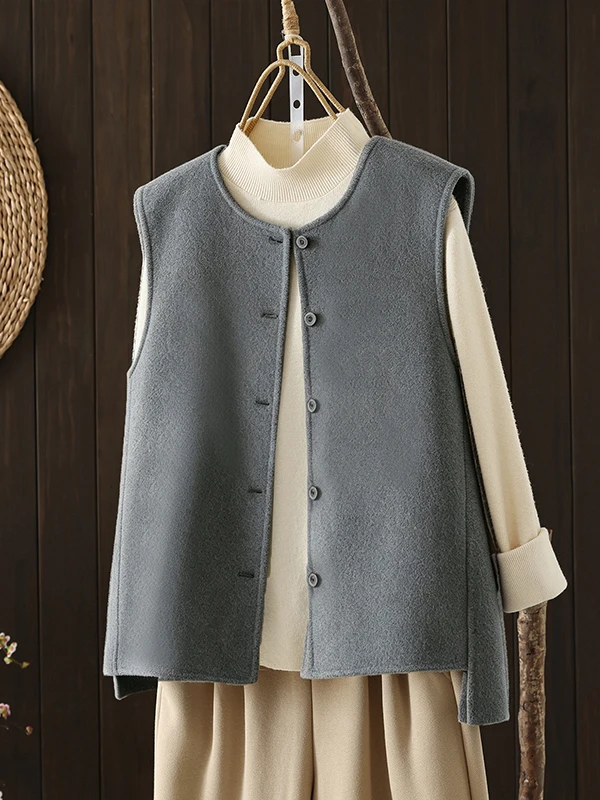 Elegant Grey Woolen Vest Outerwear Women's Autumn Layering Casual round Neck Open Cardigan Shoulder Top Sleeveless Top