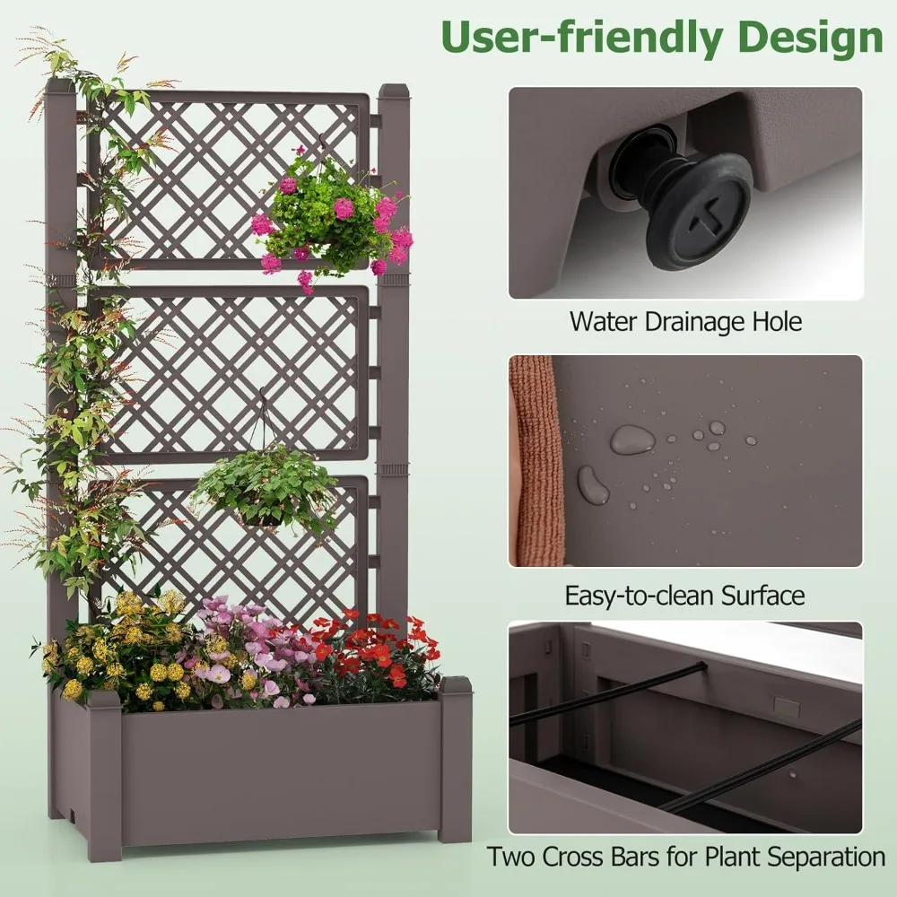 2 Pieces Garden Planter with Trellis, Self Watering Raised Garden Bed with Drainage Hole & Water Level Monitor, Outdoor Planter