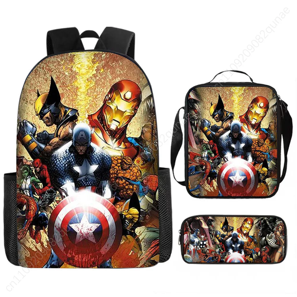 New Marvel-Themed Backpack Set: Stylish Trendy Cartoon-Style Double-Shoulder Backpack Pencil Case, and Insulated Lunch Bag Combo