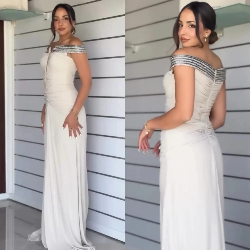 

Customized Retro Fashion Jersey Sequined Pleat A-line Off-the-shoulder Long Dresses Bespoke Occasion Matching