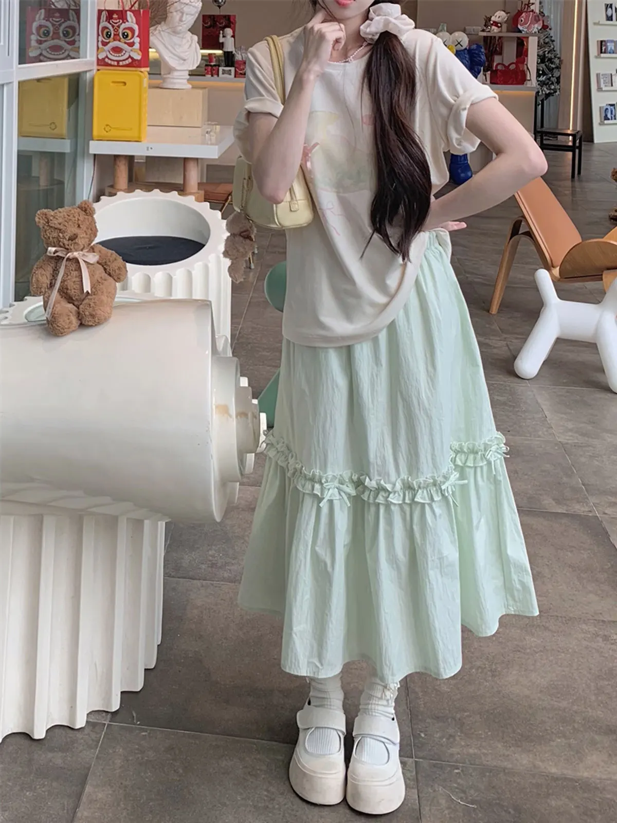 

Vanilla een Floral High Waist Midi Skirt Slimming Pear Body ape Umbrella Skirt Versatile Mid-Length A-Line Skirt