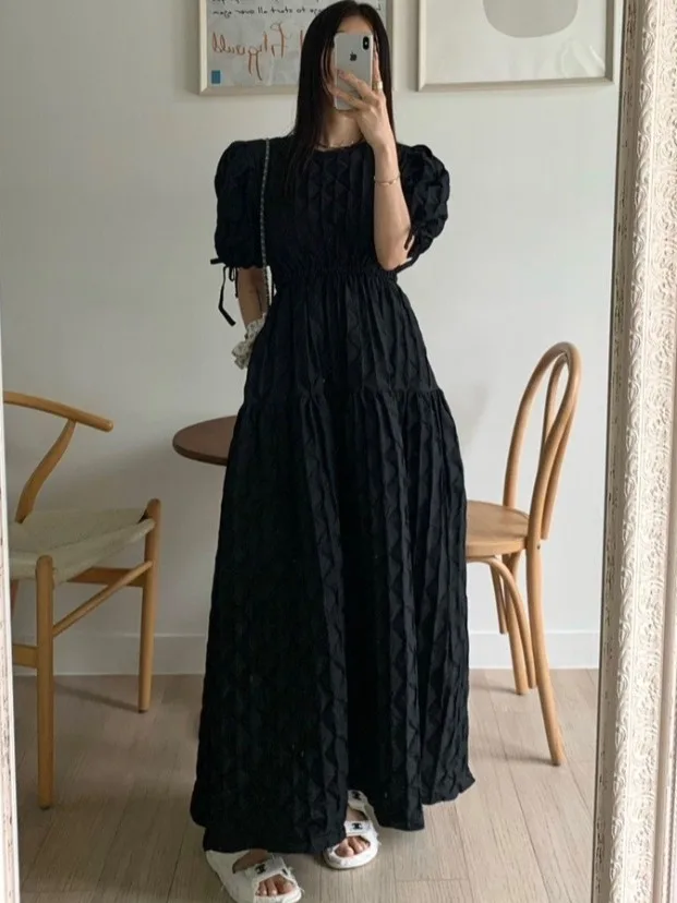 甘いスタイルプリーツ半袖人形ドレス東大ゲートアンチエイジングエレガントファッショナブルなピュアカラー折り畳まれたヘムラインラウンドネック