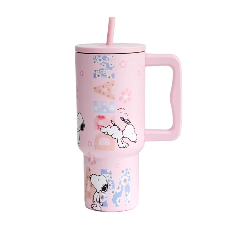 MINISO 1200ml Snoopy Cartoon Large Capacity Straw Water Cup Portable Stainless Steel Insulated Cup Women's Student Birthday Gift