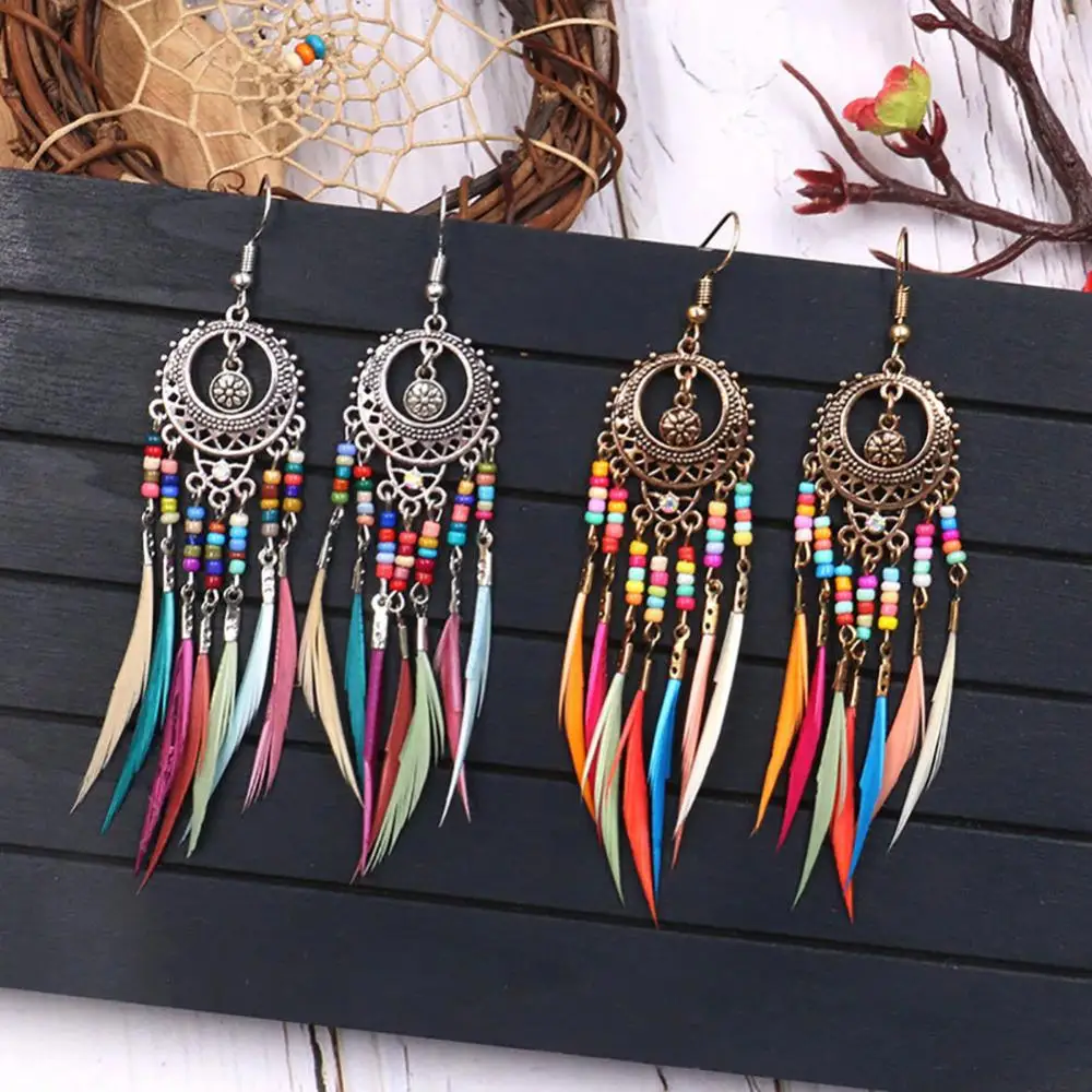 Hook Earrings Jewelry Boho Women Hollow Carved Circle Feather Tassel Dangle