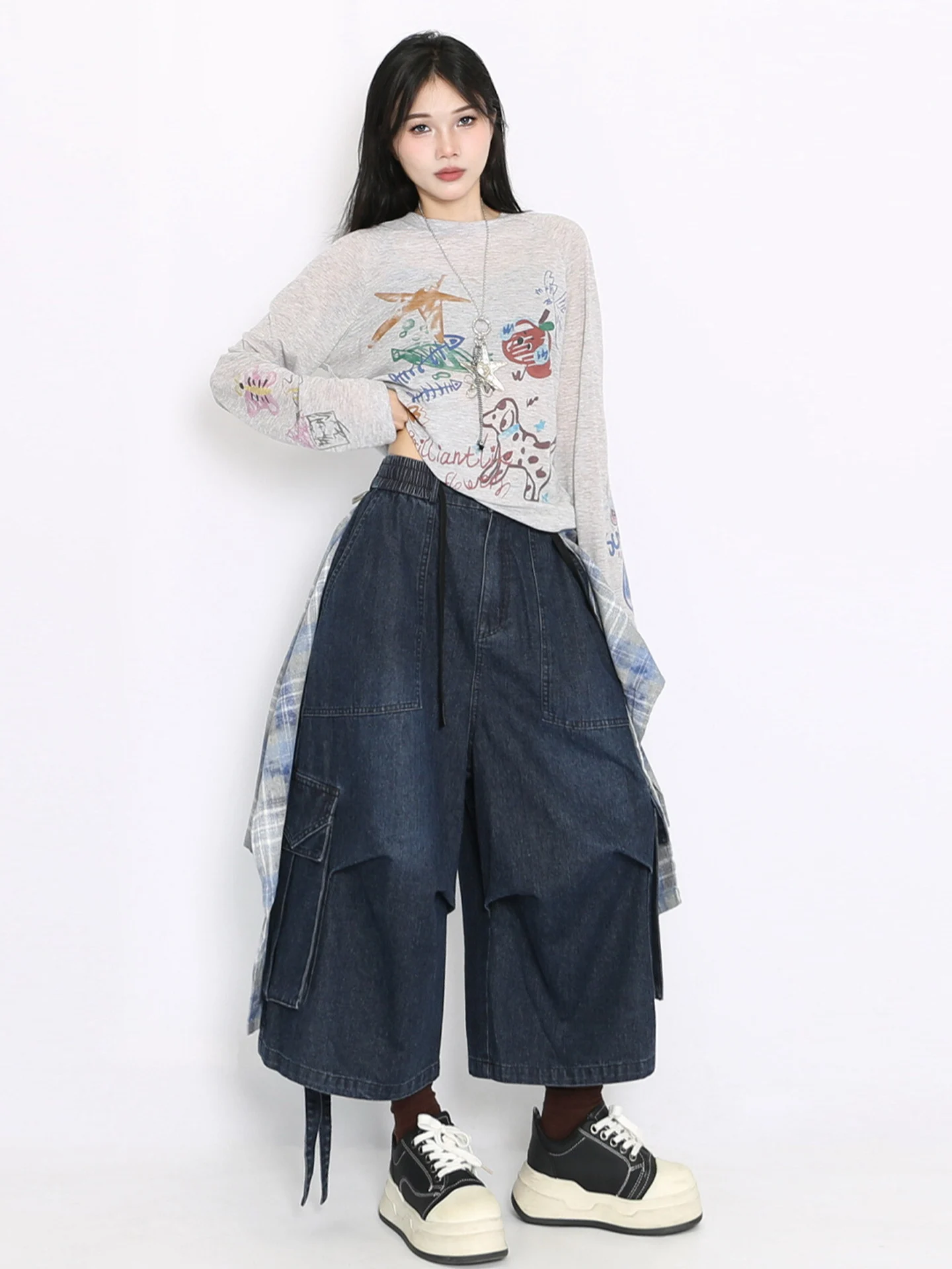 Amerikaanse Sle afneembare sjaal geruite orts dames zomer werkkleding denim losse wijde pijpen zeven broek faion hoge taille