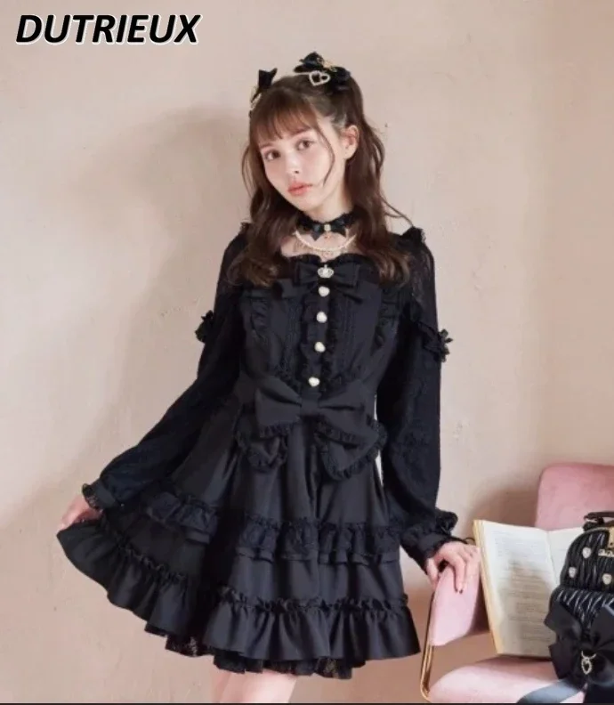 

Japanese Style Women's Loltia Kawaii Slimming Bow Dress Summer Autumn Sweet Cute Girls Versatile Lace Long Sleeve Dresses