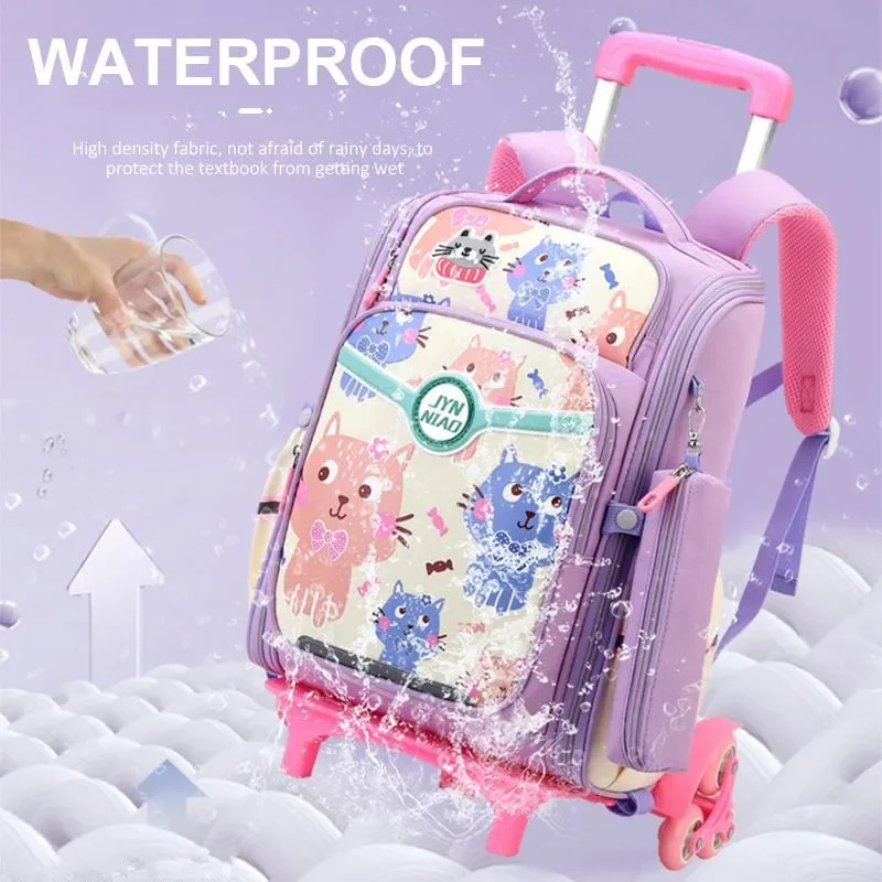 Waterproof School Backpack with Wheels Children School Bags for Girls Kids Trolley Schoolbag Luggage Large Capacity Book Bags