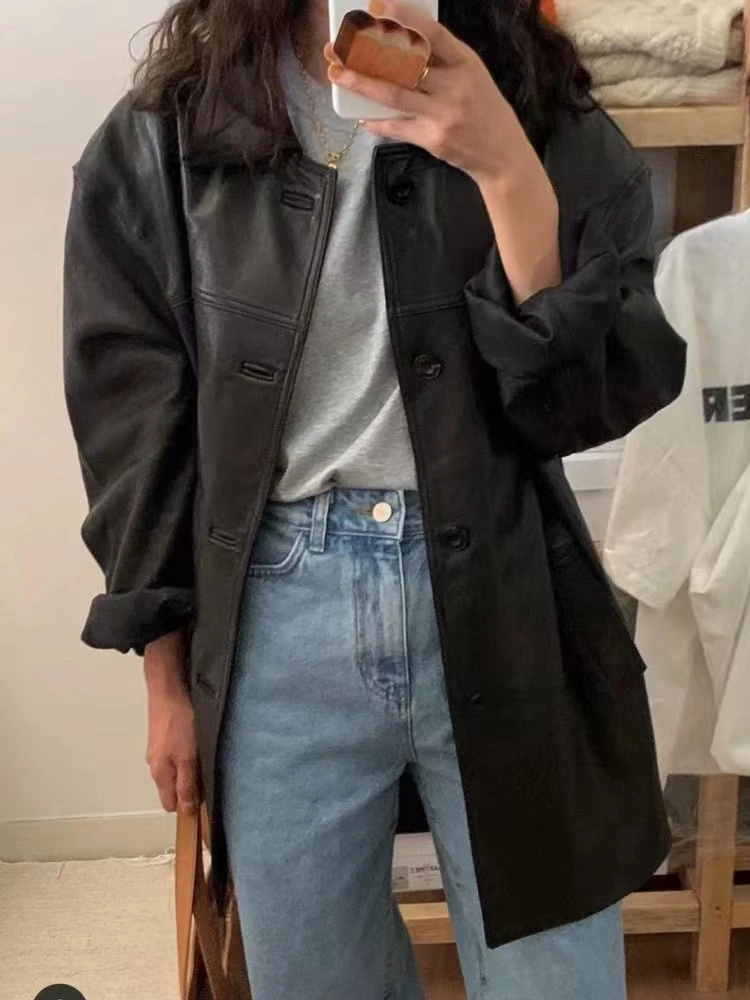 

Ретро-куртка из искусственной кожи средней длины в нейтральном стиле, для повседневной носки, с длинными рукавами, на одной пуговице