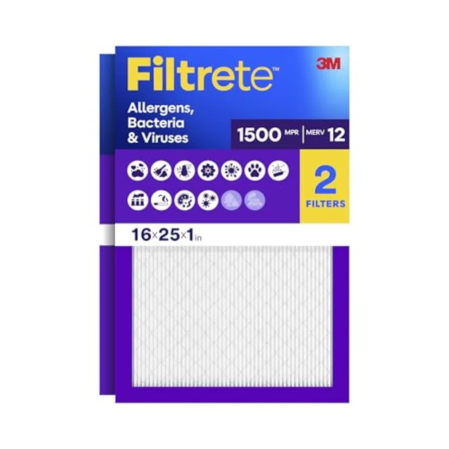 

Air Filter, MERV 12, MPR 1500, Allergens, Bacteria and Viruses, 3-Month AC and Furnace Filters, Cleaner Air, Reliable Airflow,